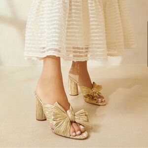 LOEFFLER RANDALL Penny Gold Pleated Bow Heel 3.5”